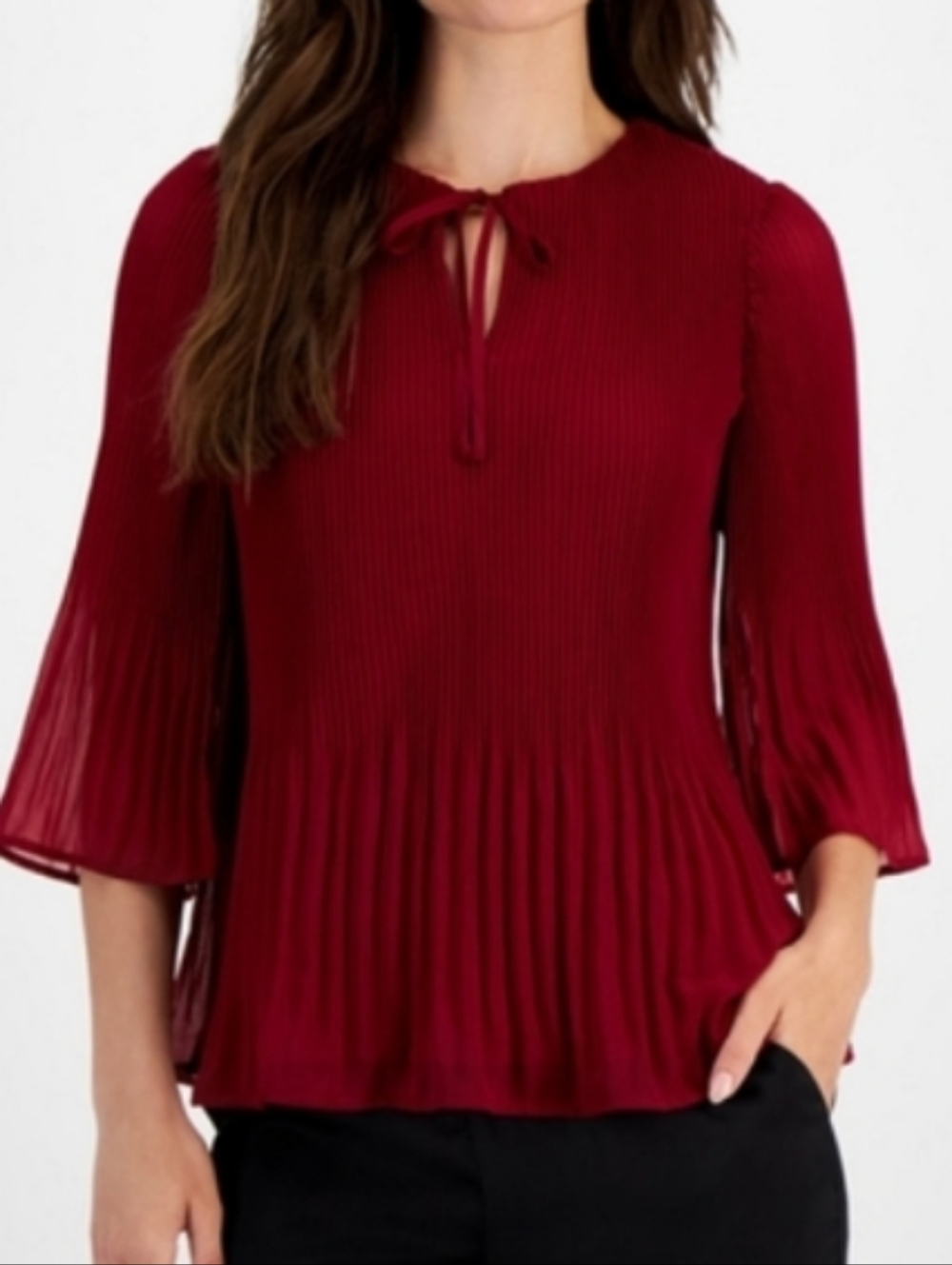 JM Collection Wine Pleated Tie-Neck Blouse